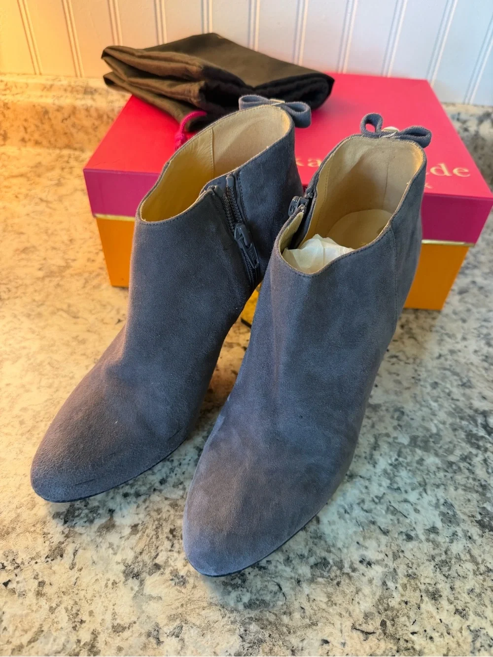 kate spade Gray Suede Pointed Toe Ankle Booties Gold Bow Accent Box Dust Bag